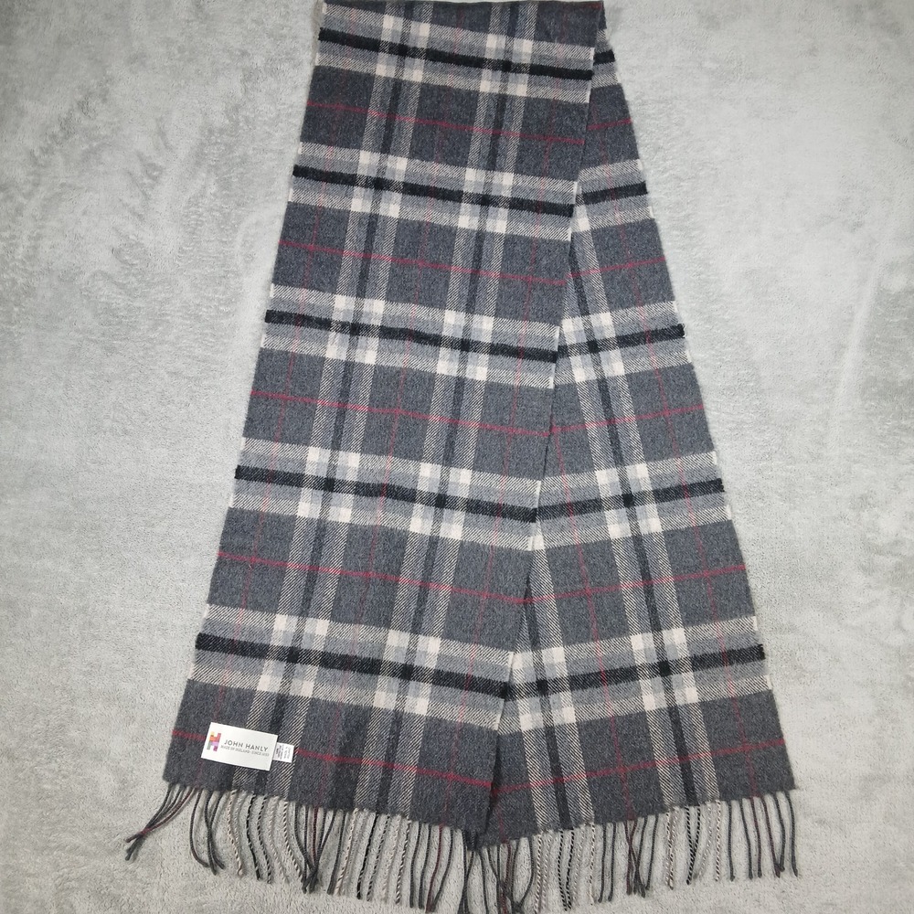 John Hanly Scarf Unisex OS Plaid Grey Extra Fine Merino Wool Made in Ireland Y2K